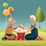 an elderly couple enjoying a picnic in a sunny park