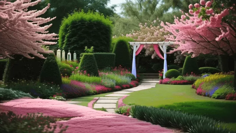 a peaceful garden scene with blooming flowers