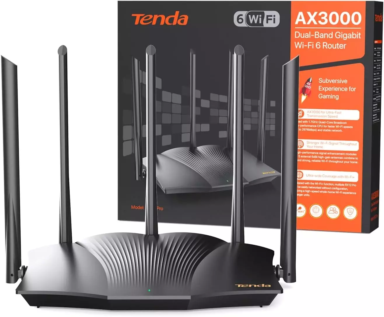 Tenda RX12 Pro Wi-Fi 6 WLAN Router (AX3000 Dual Band 5GHz: 2402Mbps + 2.4GHz: 574Mbps) 5*6dBi High-Gain Antennas, Gigabit LAN/WAN Port, WPA3, MU-MIMO+OFDMA, WiFi+Mesh, VPN, APP, No DSL Function, Black